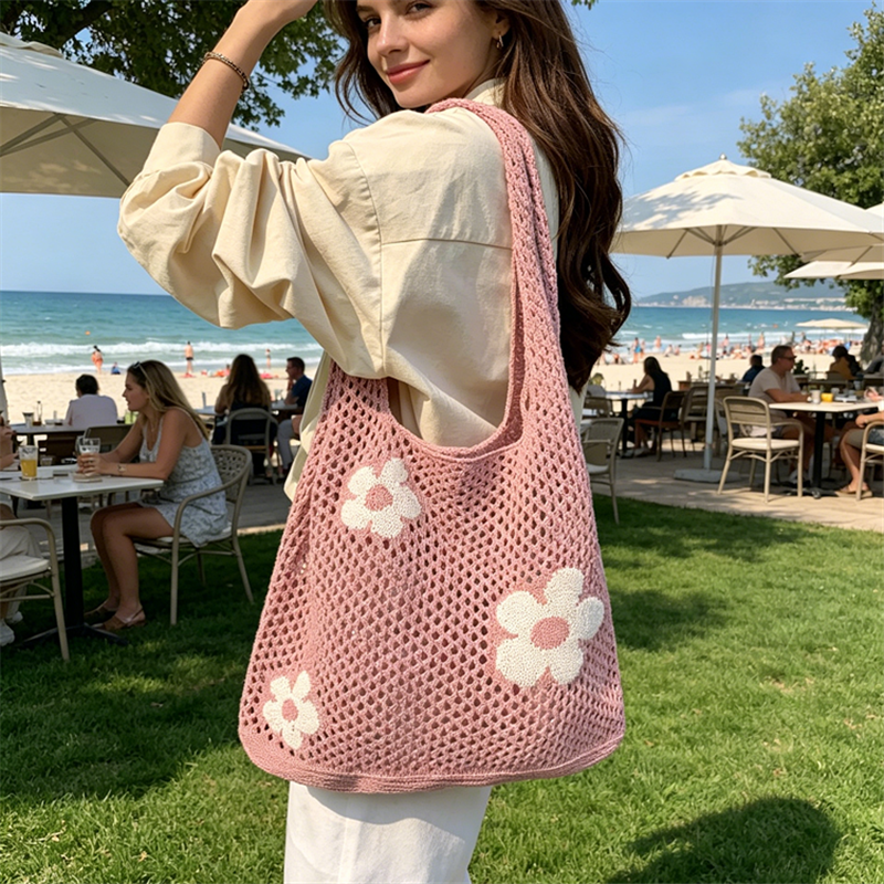 Crochet Market Bag - Chic Crochet Flower Mesh Totes Bags