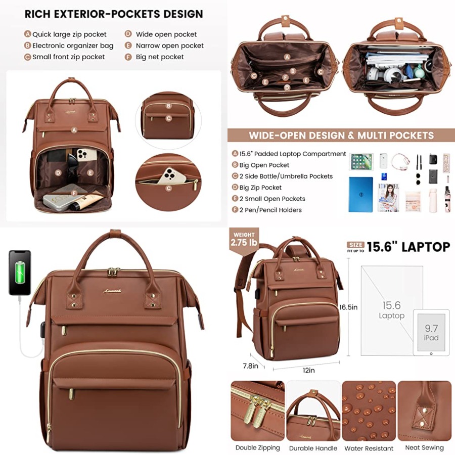 Women Bags For Work - Leather Laptop Backpack for Women, Travel