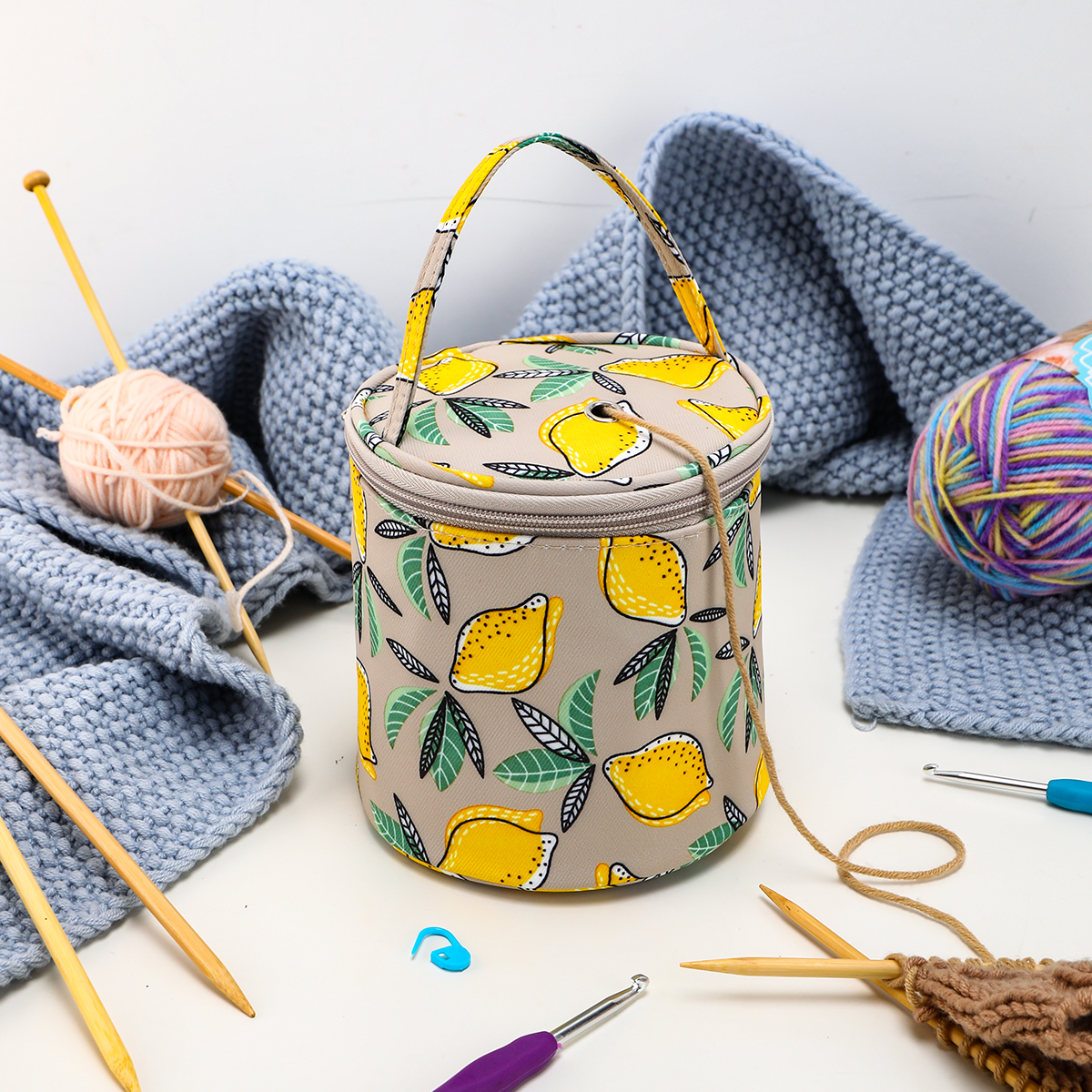 Crochet Market Bag - Empty Small Yarn Storage Bag Lemon