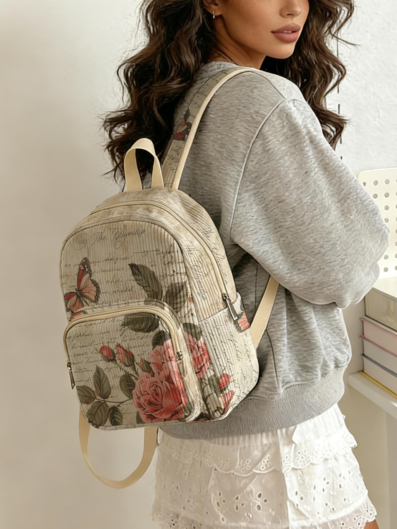 Women Bags Medium Size - Vintage Roses & Butterfly Print Women