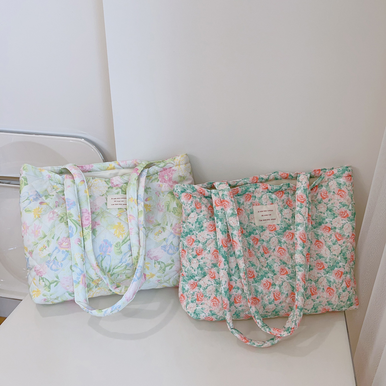 French Floral Quilted Tote Bag - Women Bags Medium Size 리뷰 및 가격