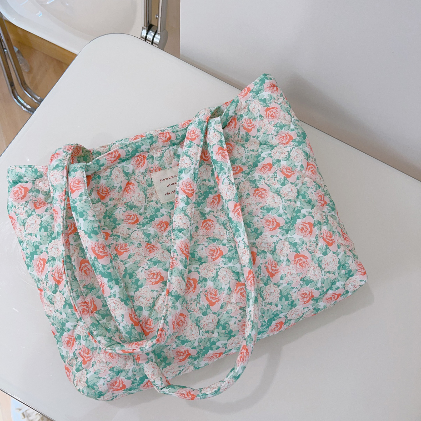 French Floral Quilted Tote Bag - Women Bags Medium Size 리뷰 및 가격